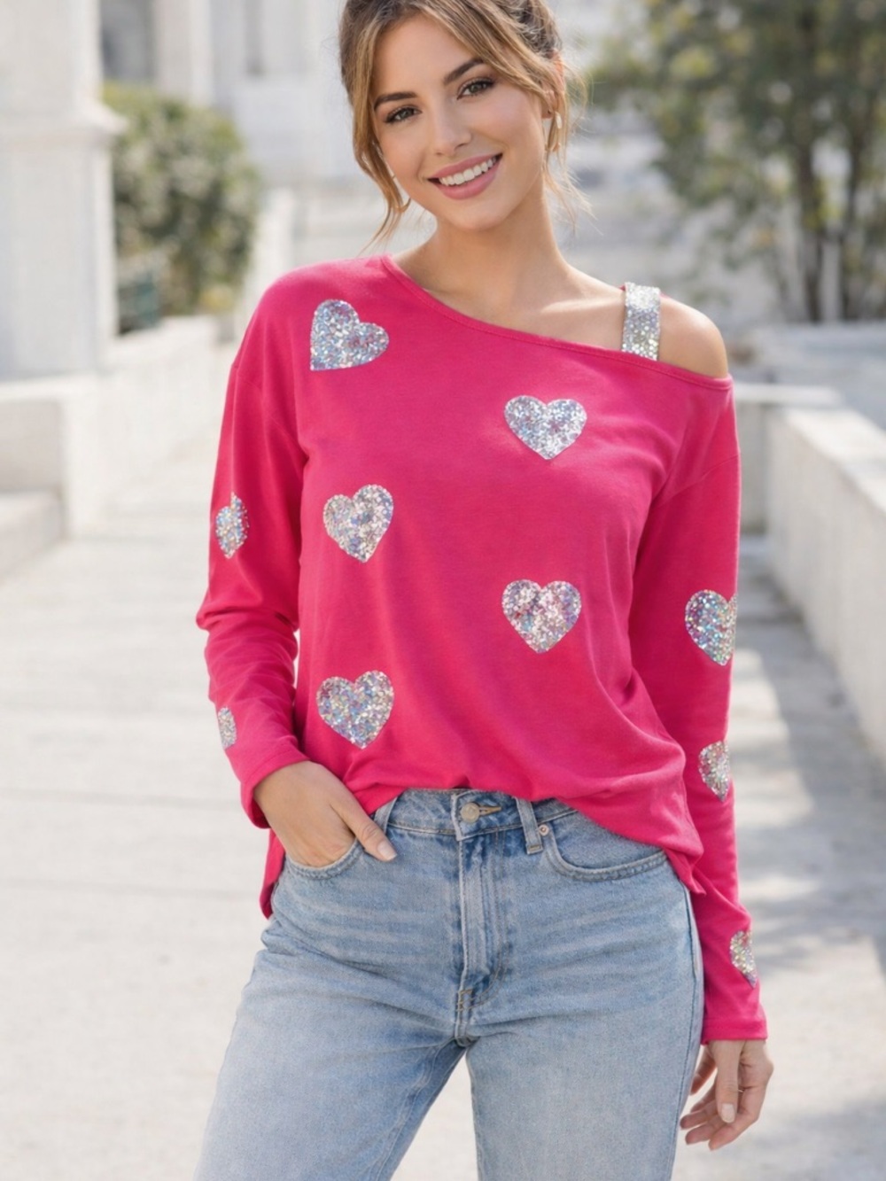 Barbiecore Pink Sequin Heart Top Y2K Long Sleeve Cute Size XL
